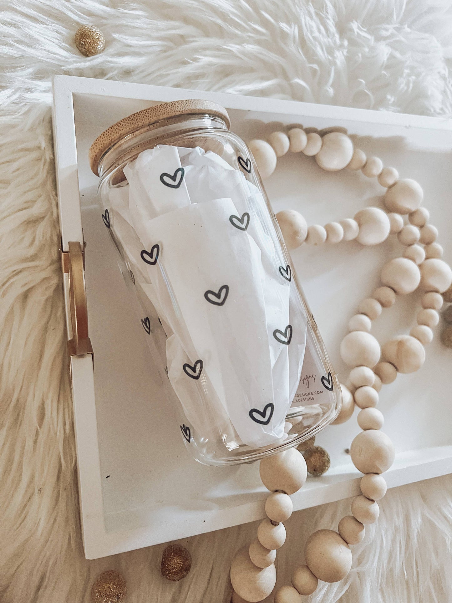 Mini Hearts (black) 16 oz Glass Cup with Bamboo Lid