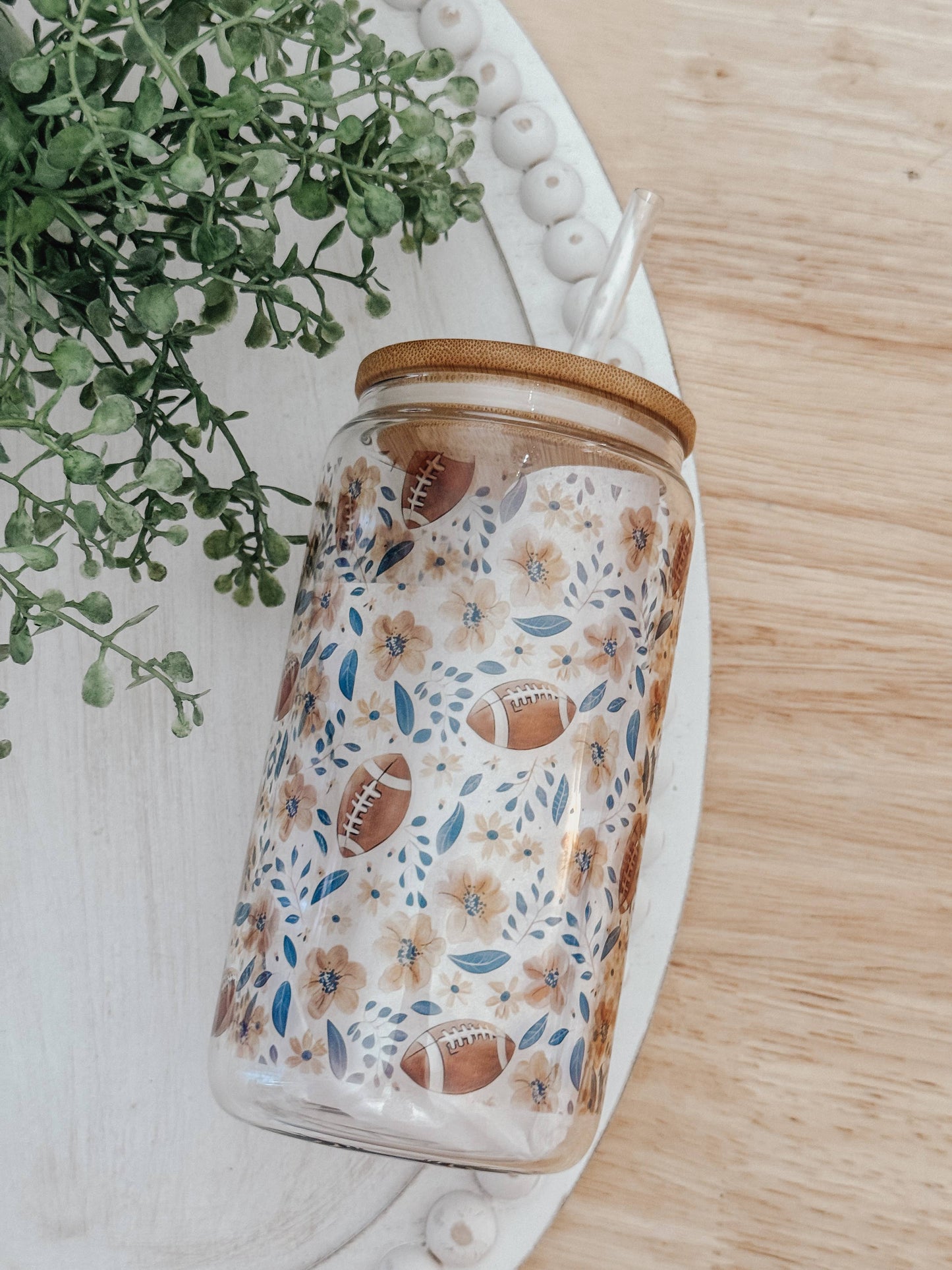 Floral Football 16oz Glass Cup with Bamboo Lid