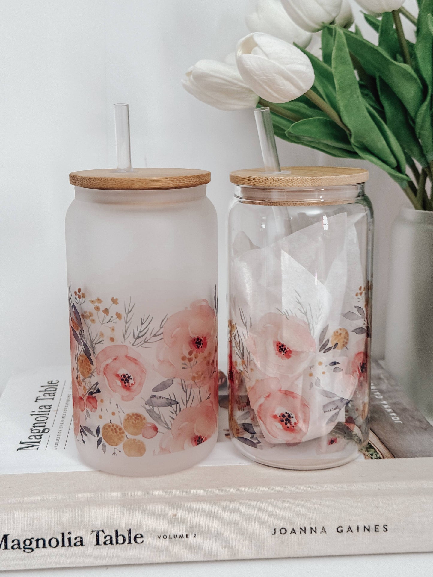Watercolor Roses 16oz Glass Cup with Bamboo Lid