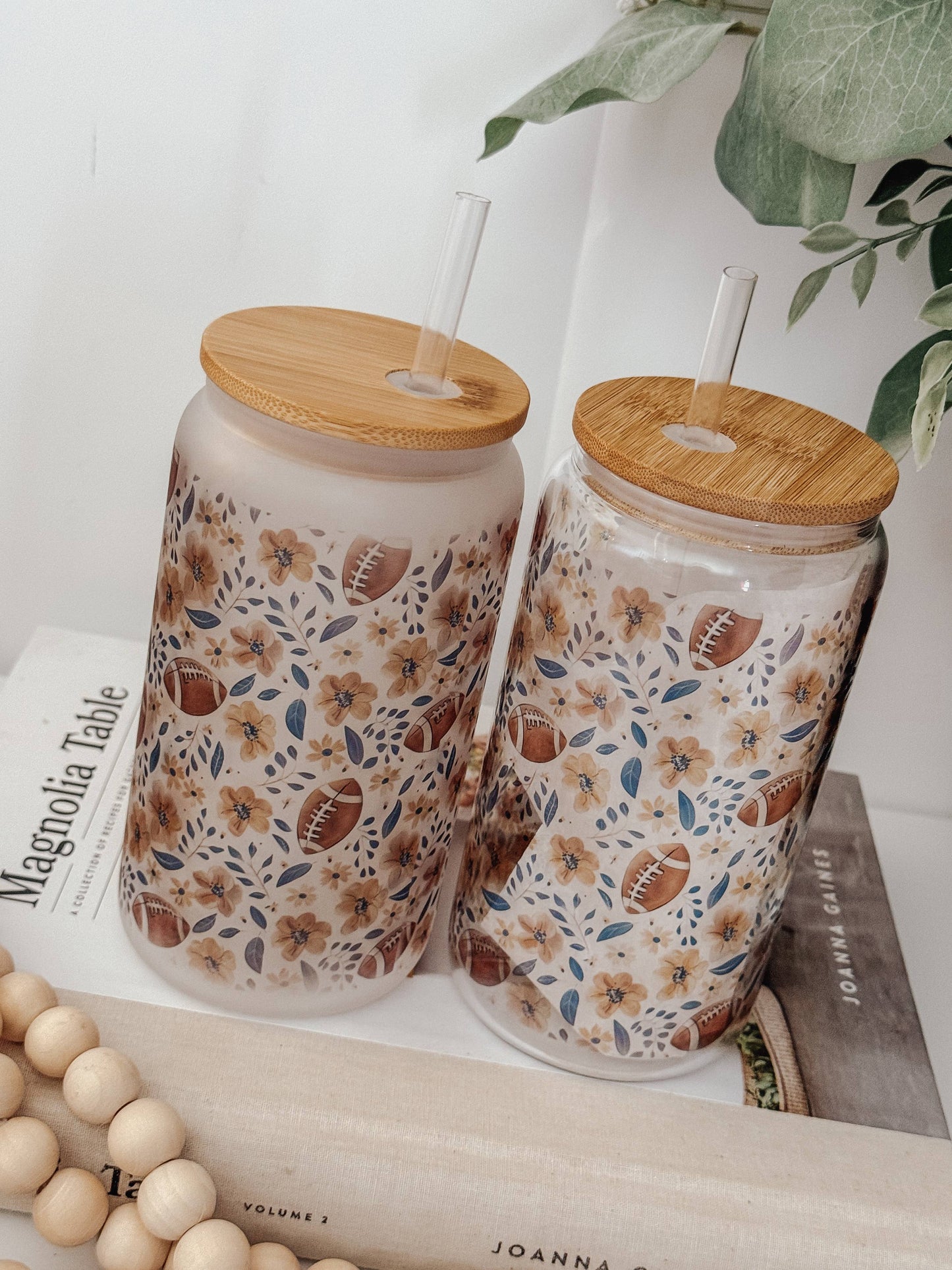 Floral Football 16oz Glass Cup with Bamboo Lid