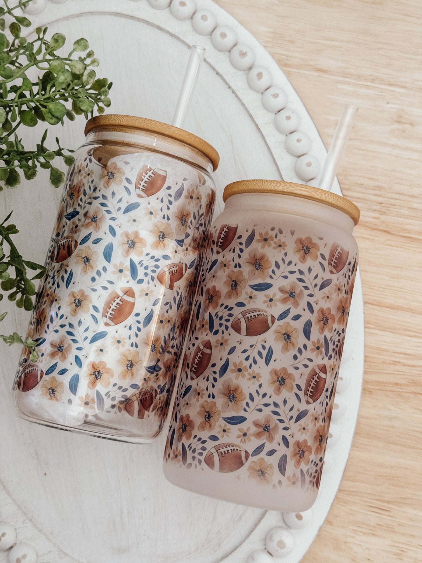 Floral Football 16oz Glass Cup with Bamboo Lid