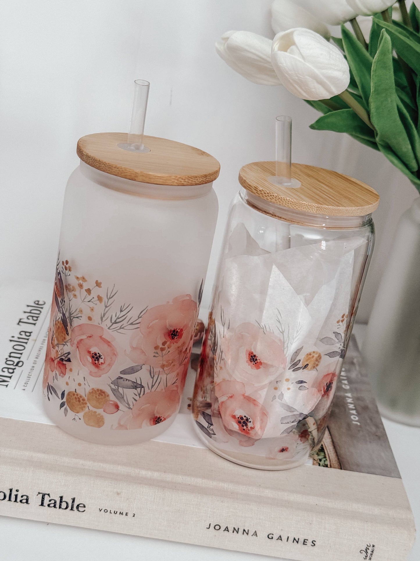 Watercolor Roses 16oz Glass Cup with Bamboo Lid