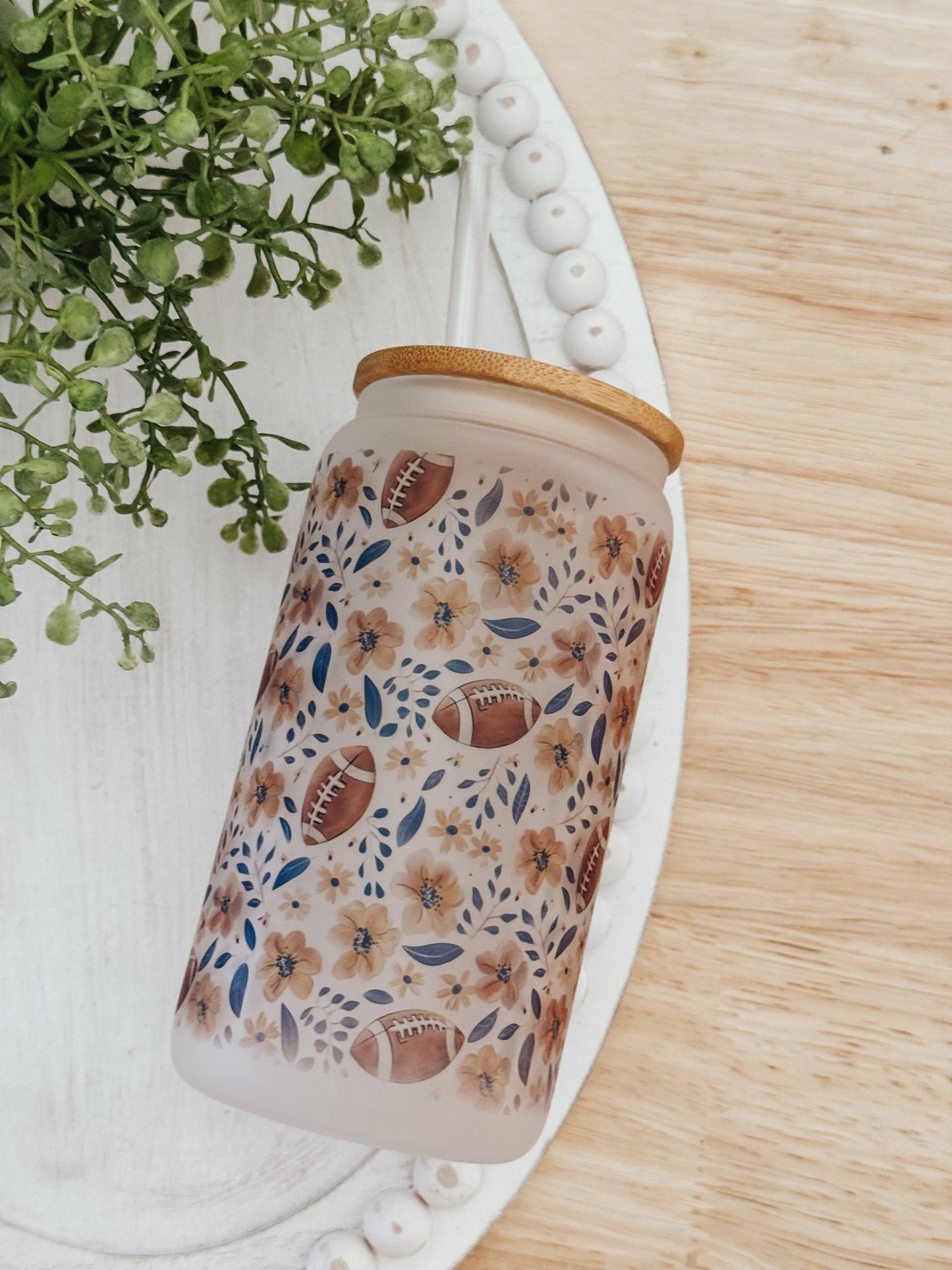 Floral Football 16oz Glass Cup with Bamboo Lid