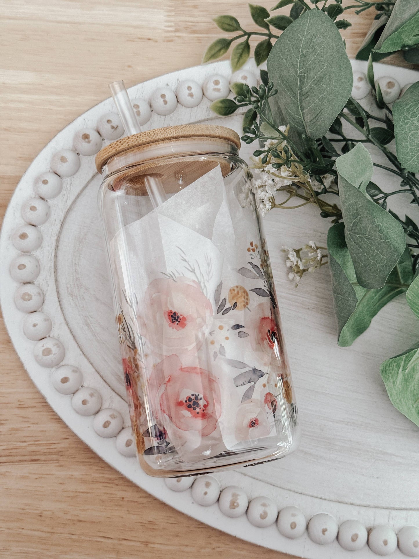 Watercolor Roses 16oz Glass Cup with Bamboo Lid