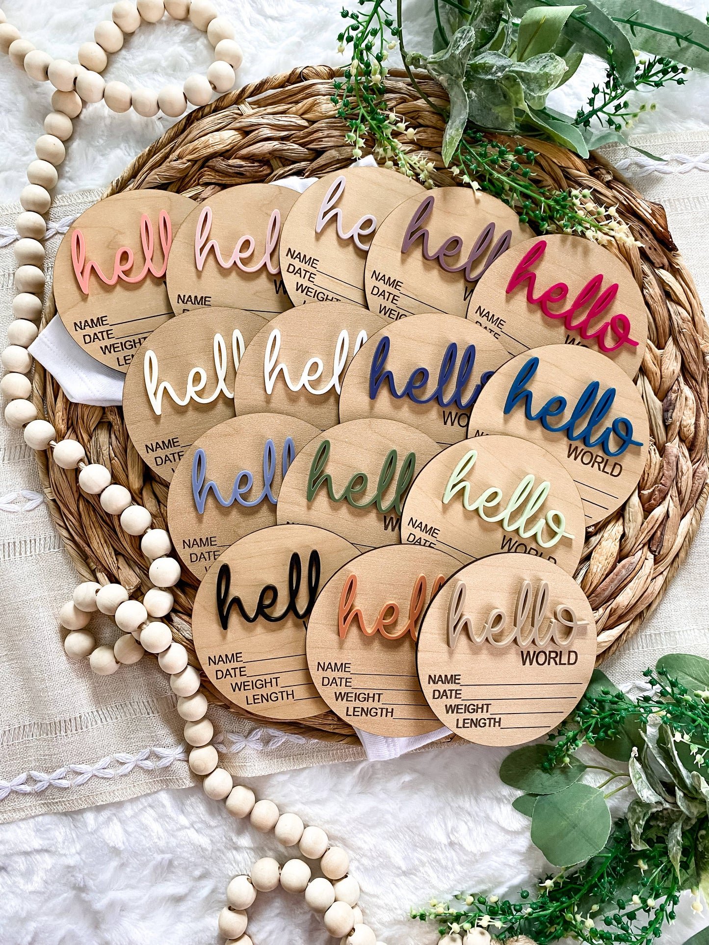 Hello World Birth Stat Announcement Wood Disc - Layered 3D