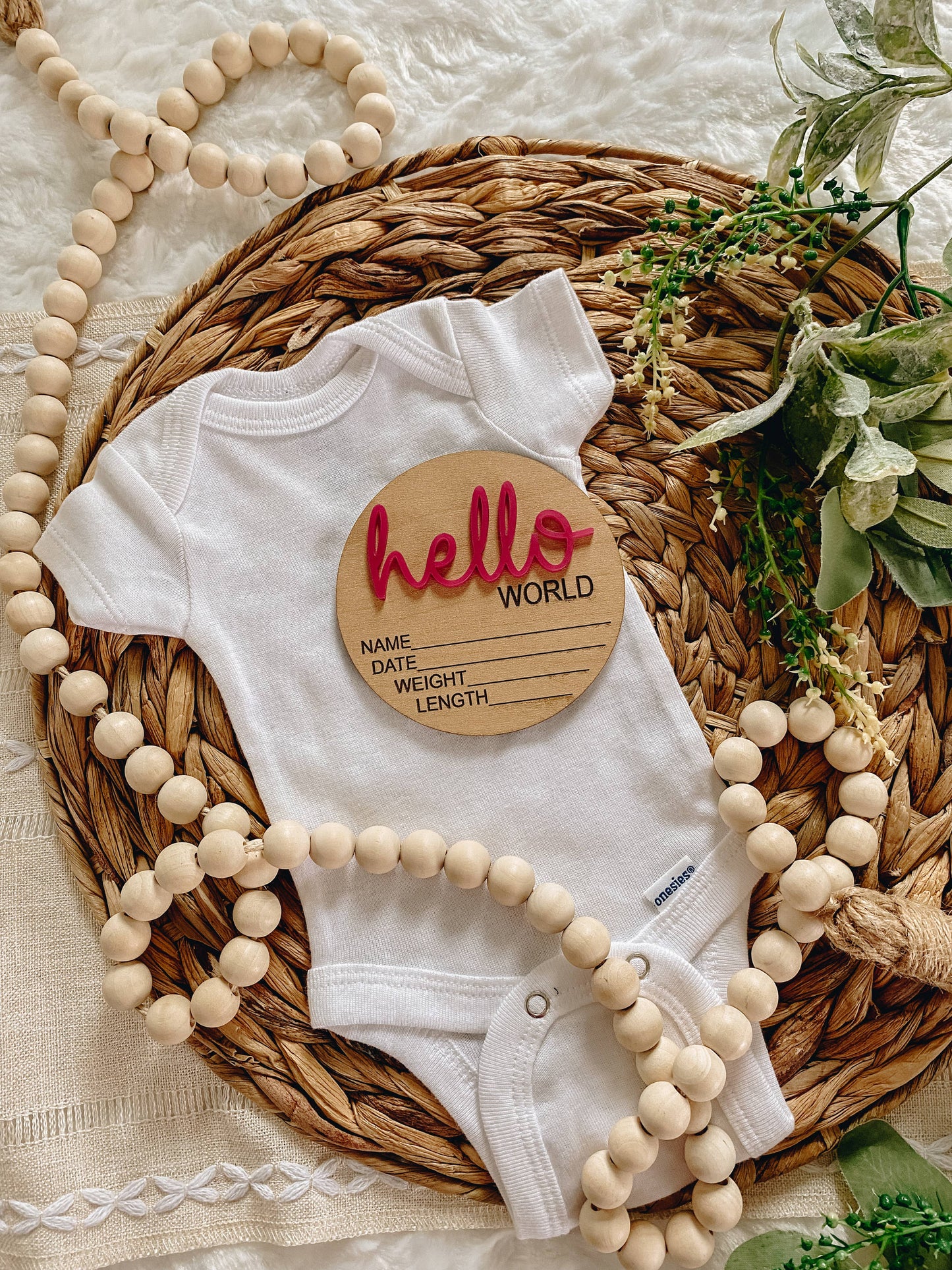 Hello World Birth Stat Announcement Wood Disc - Layered 3D