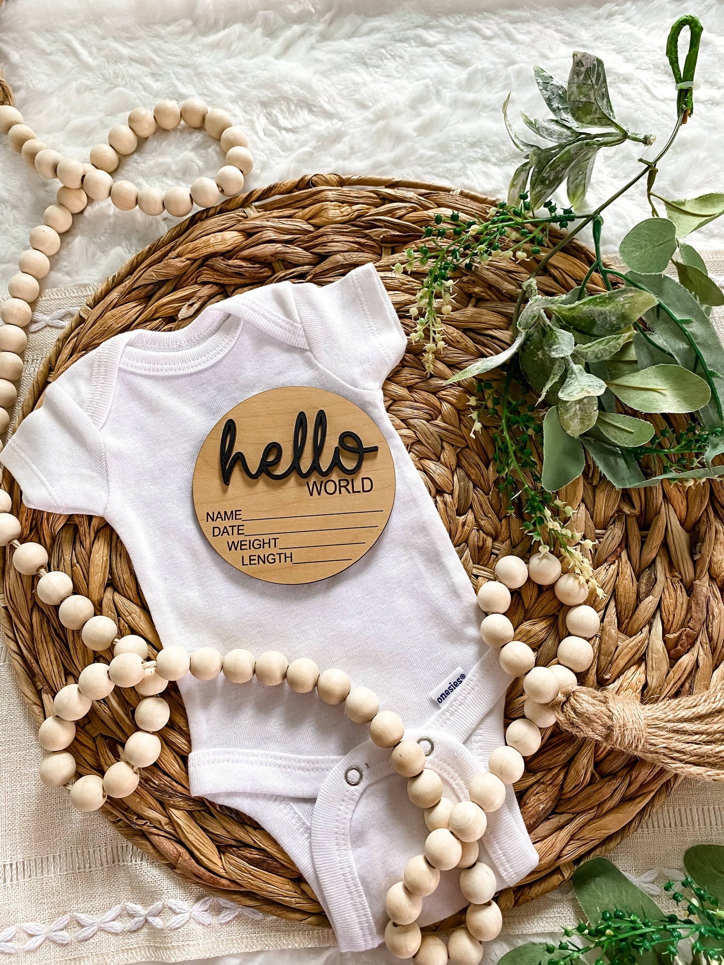 Hello World Birth Stat Announcement Wood Disc - Layered 3D