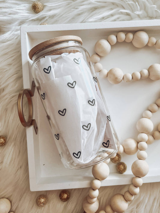 Mini Hearts (black) 16 oz Glass Cup with Bamboo Lid
