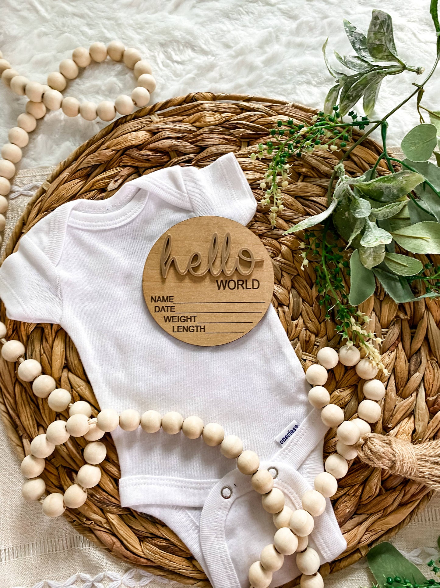 Hello World Birth Stat Announcement Wood Disc - Layered 3D