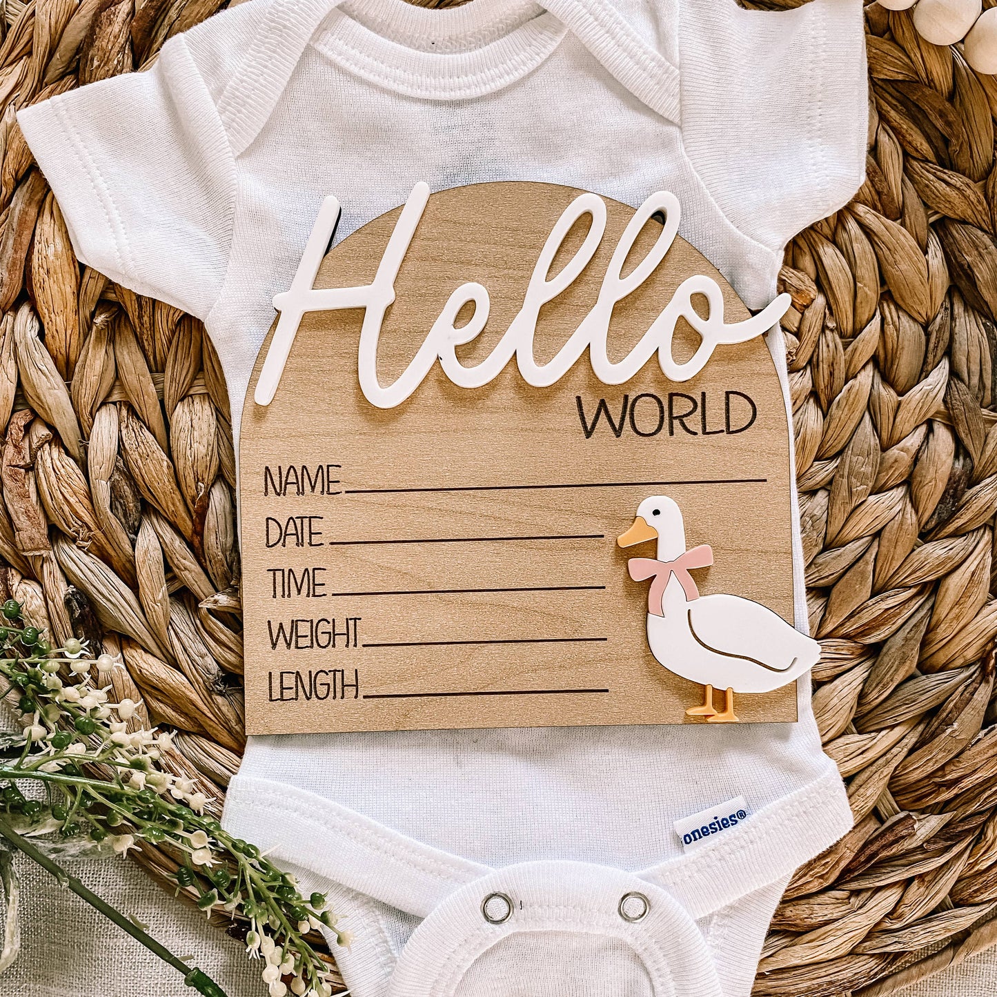 Hello World Birth Stat Sign - Goose with Bow