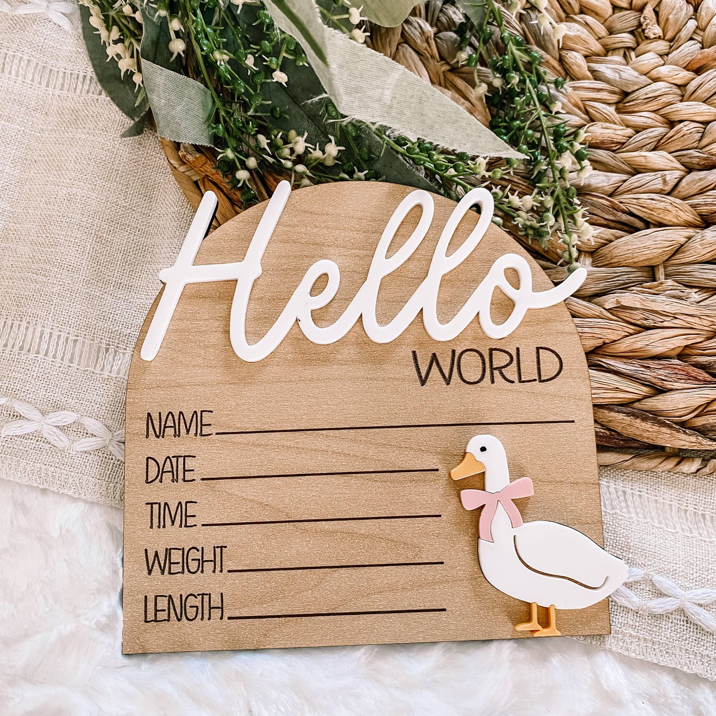 Hello World Birth Stat Sign - Goose with Bow