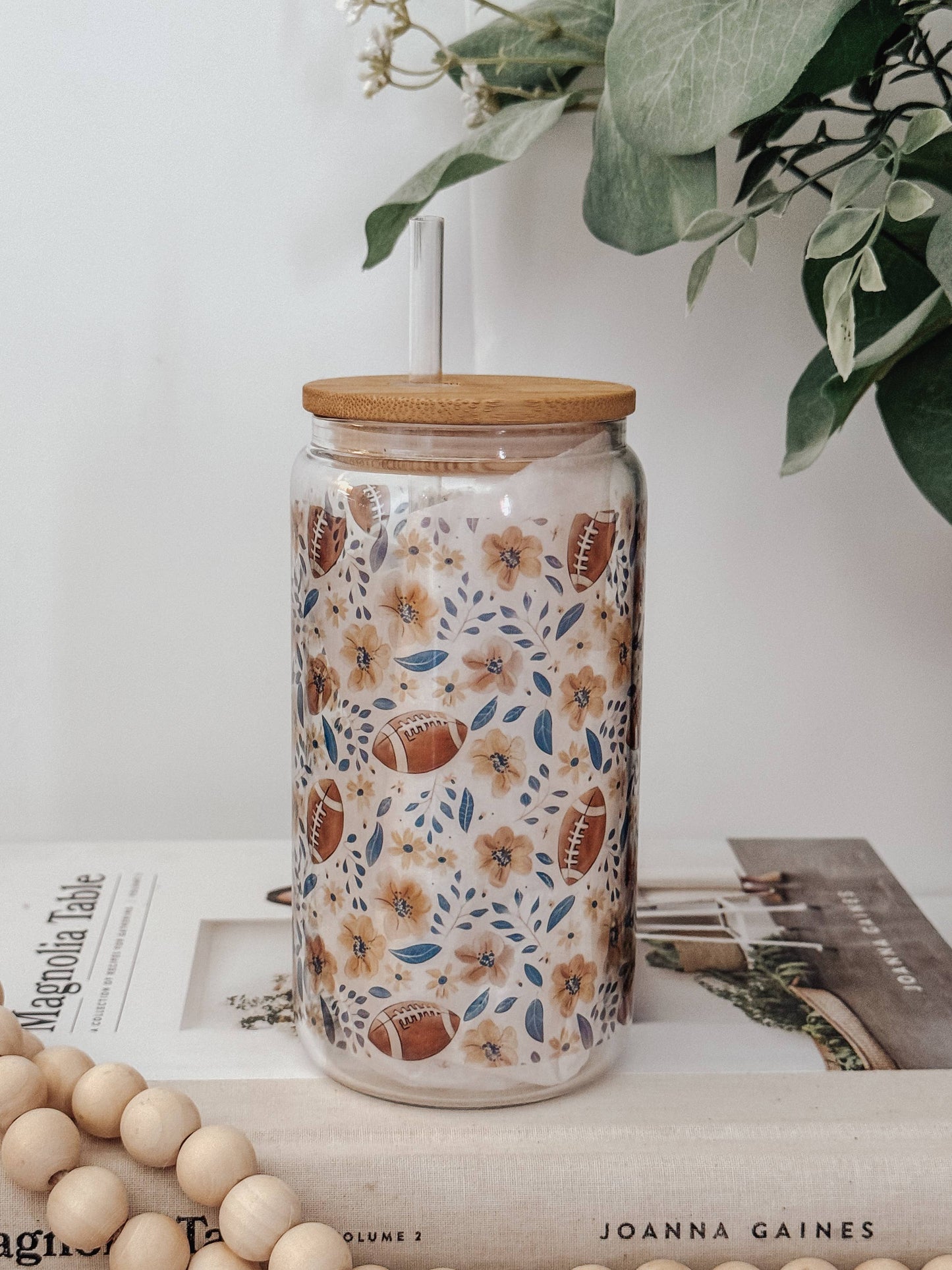 Floral Football 16oz Glass Cup with Bamboo Lid