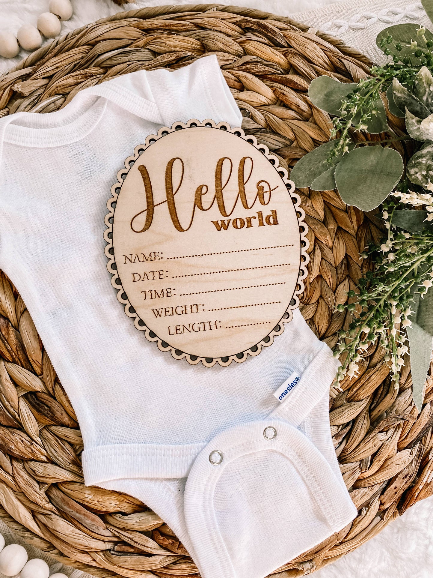 Hello World Birth Stat Sign - Scalloped Edge - Cursive Font