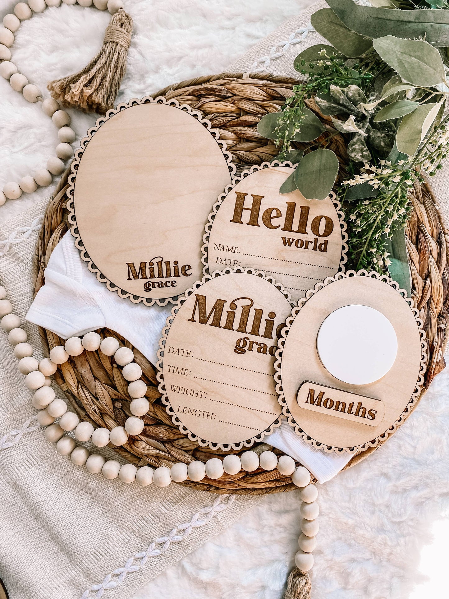 Hello World Birth Stat Sign - Scalloped Edge - Cursive Font