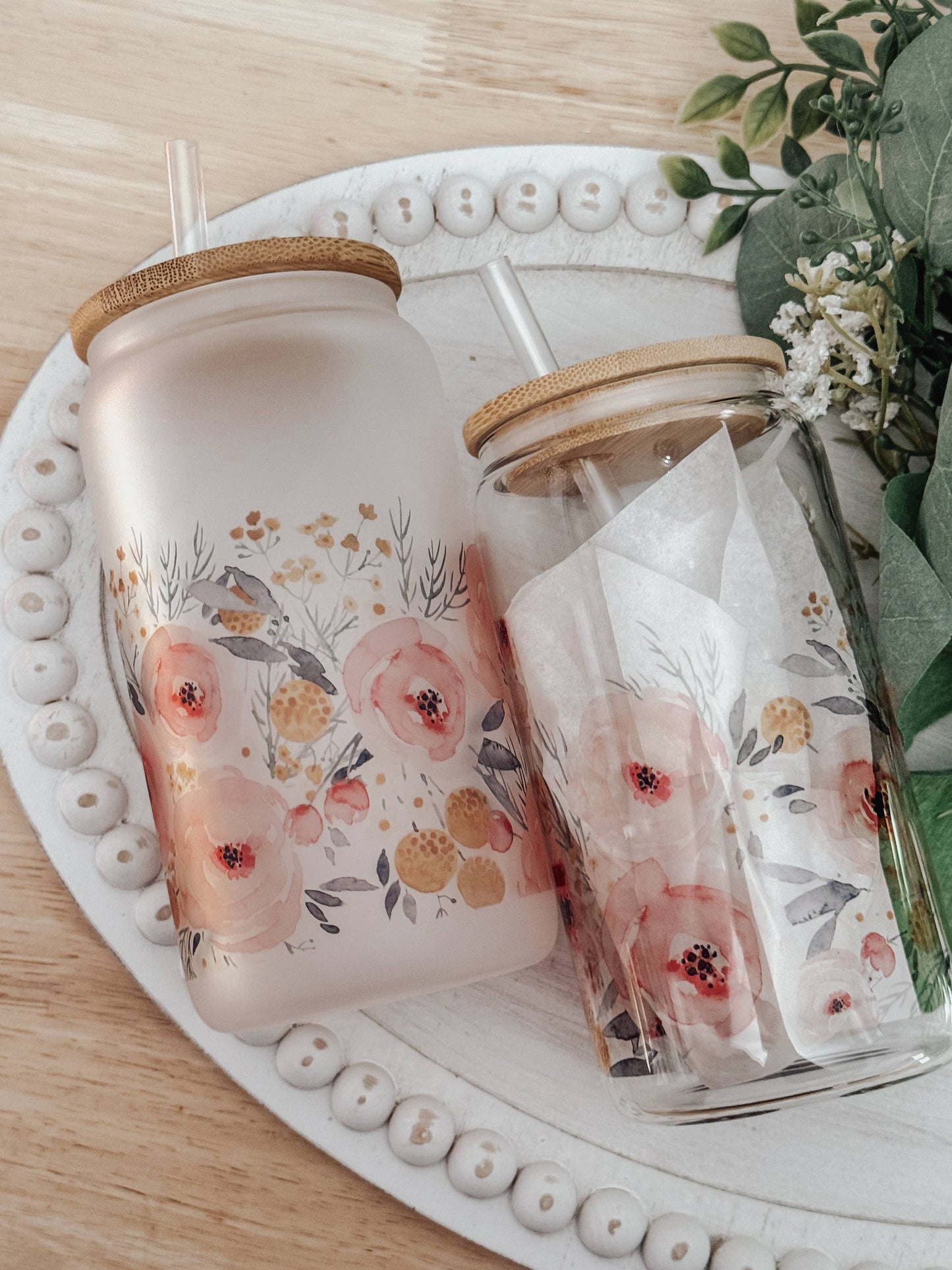 Watercolor Roses 16oz Glass Cup with Bamboo Lid