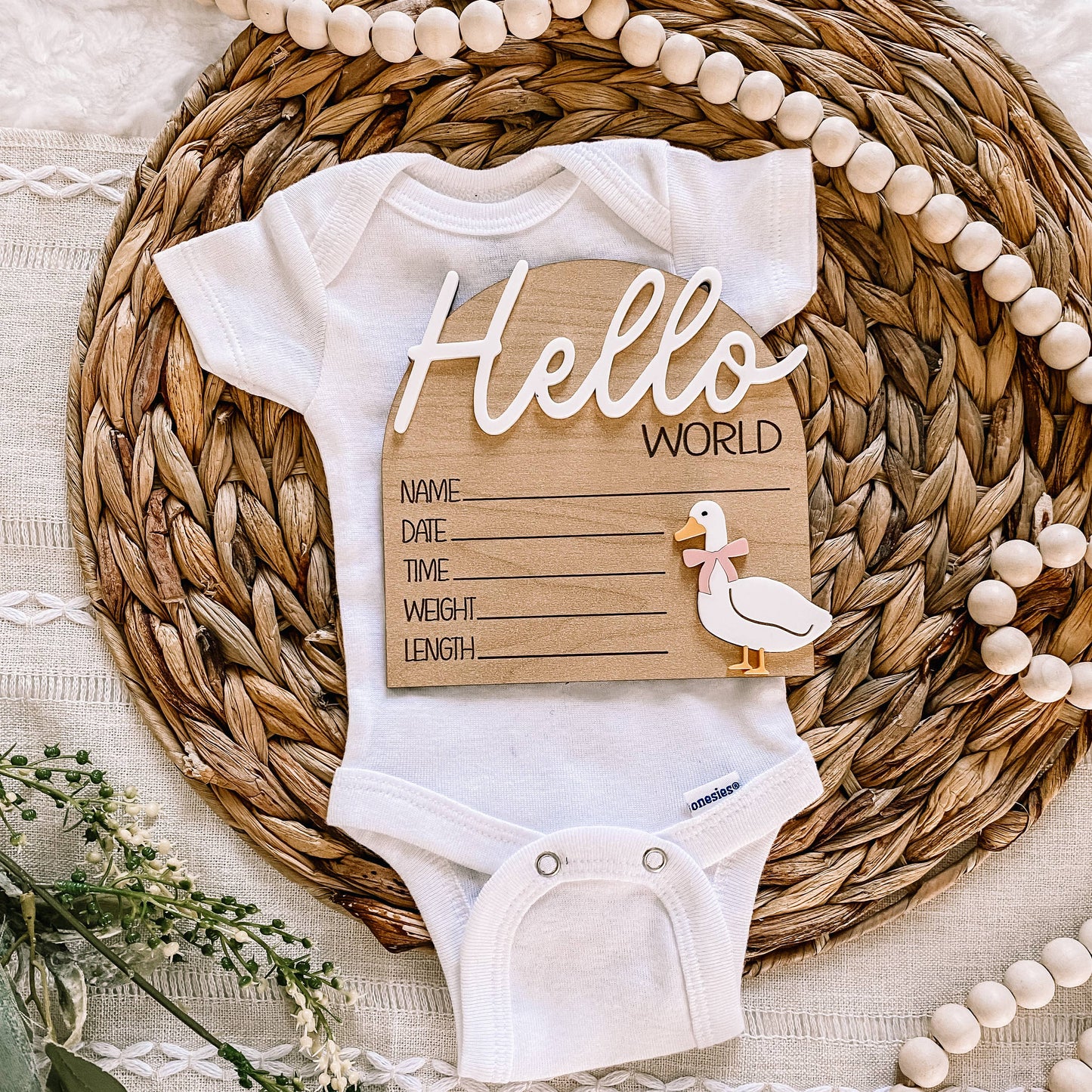 Hello World Birth Stat Sign - Goose with Bow