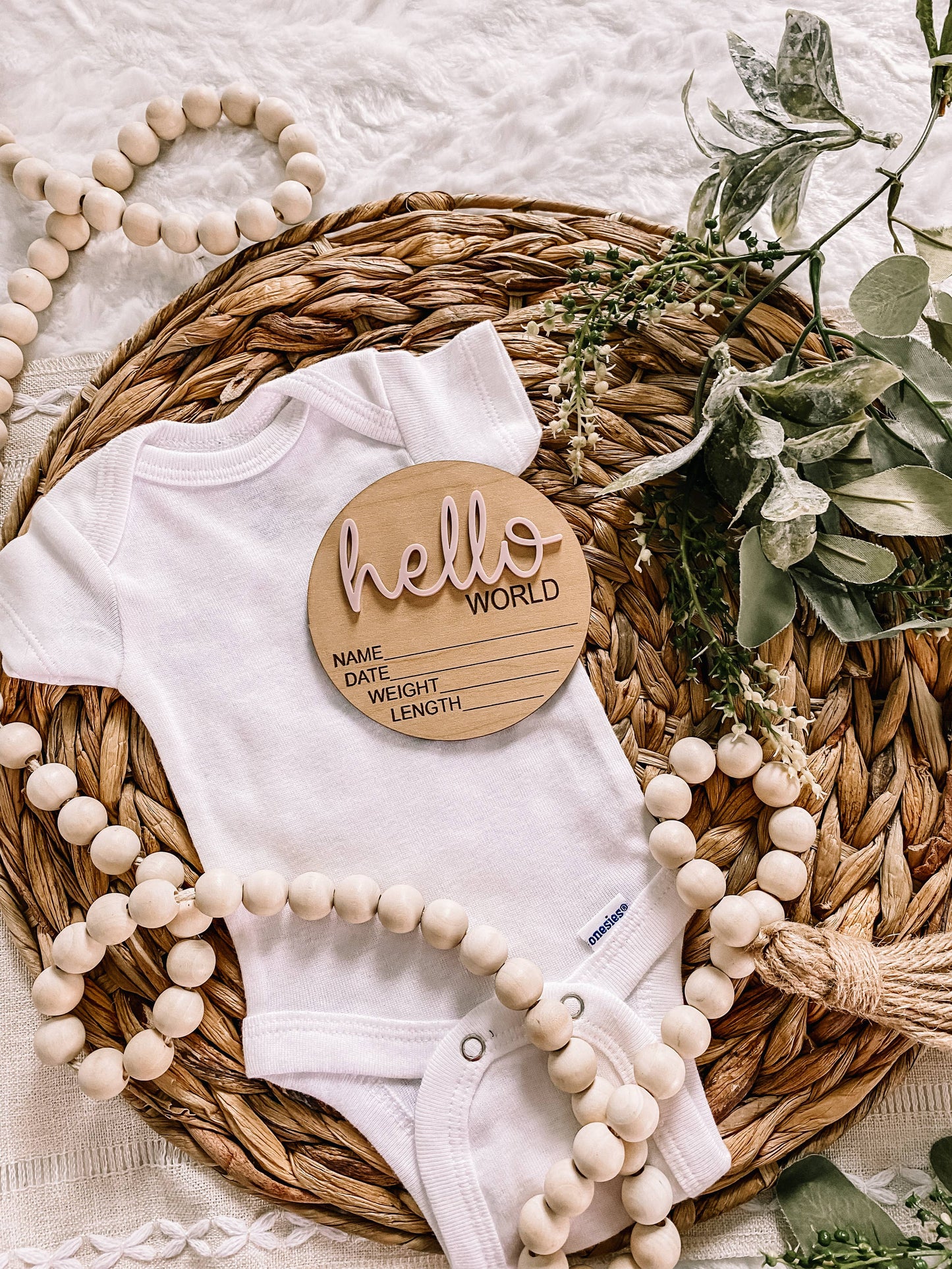 Hello World Birth Stat Announcement Wood Disc - Layered 3D