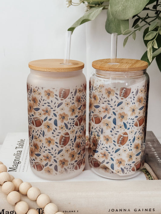 Floral Football 16oz Glass Cup with Bamboo Lid