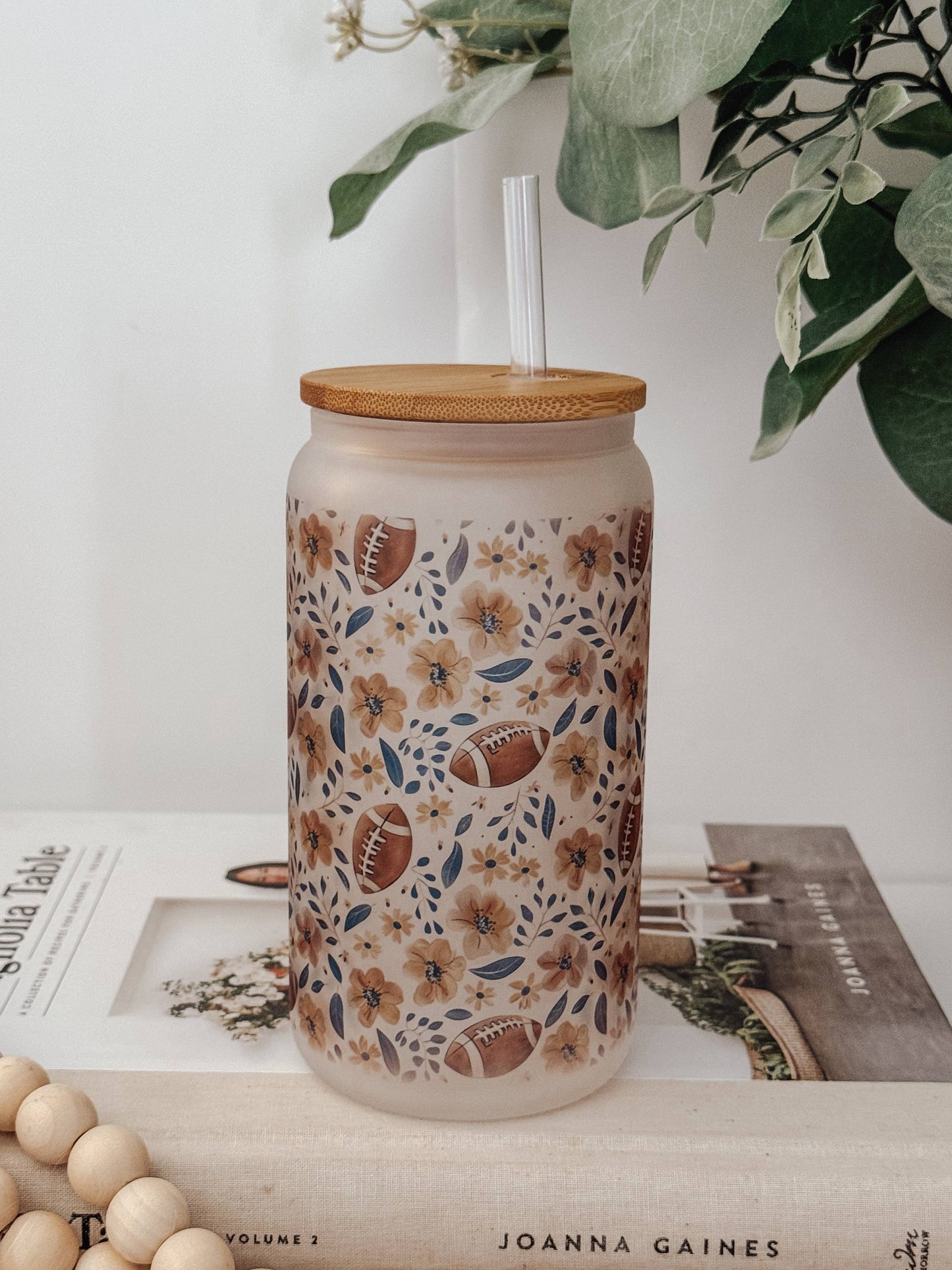 Floral Football 16oz Glass Cup with Bamboo Lid