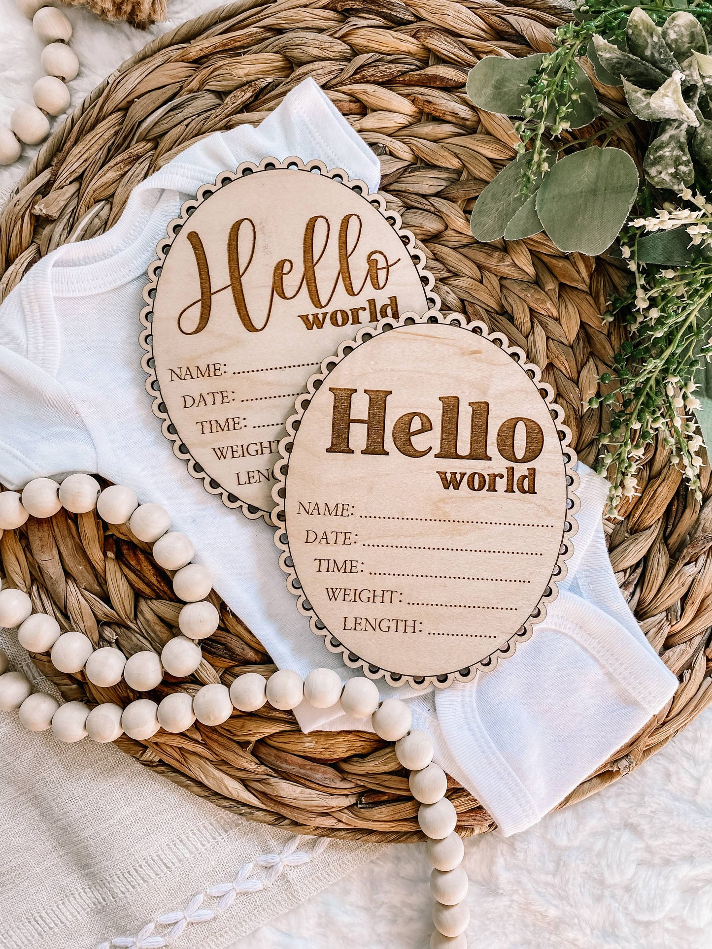 Hello World Birth Stat Sign - Scalloped Edge - Cursive Font