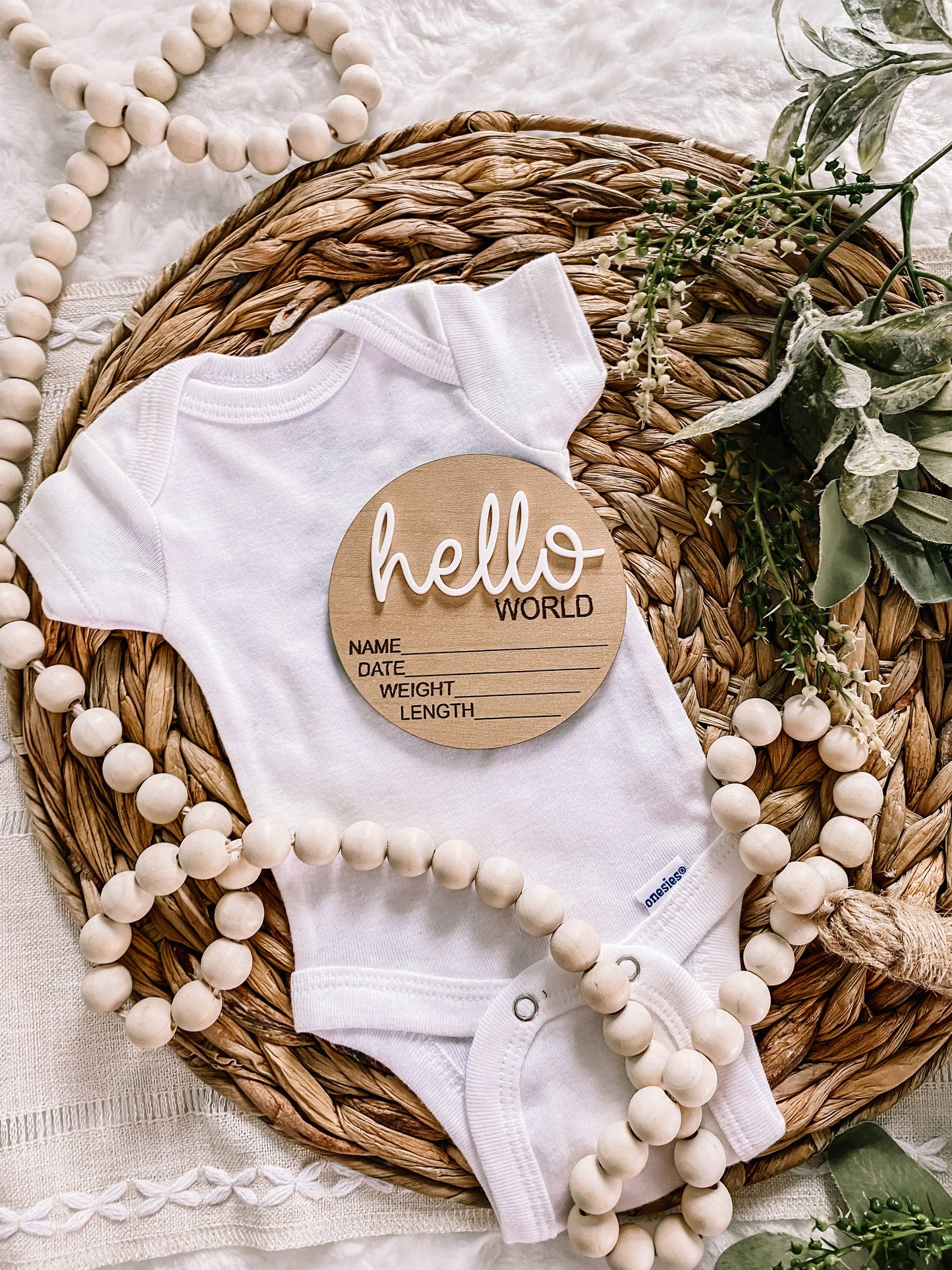 Hello World Birth Stat Announcement Wood Disc - Layered 3D