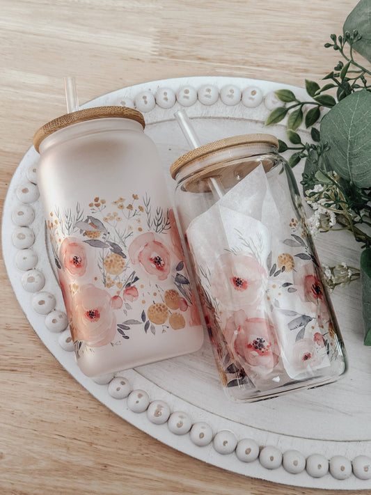 Watercolor Roses 16oz Glass Cup with Bamboo Lid